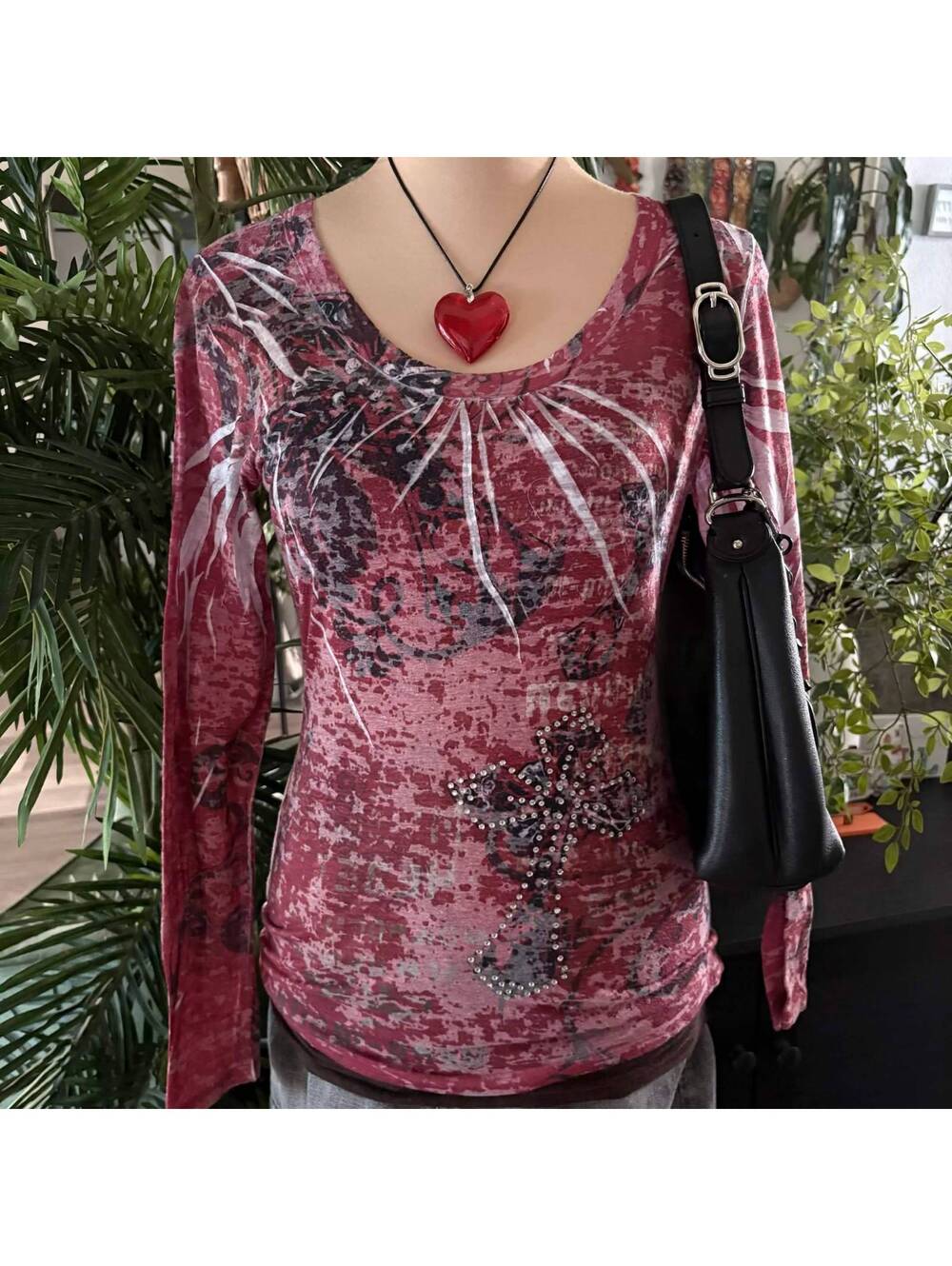 vintage y2k grunge red sublimation semi sheer long sleeve top